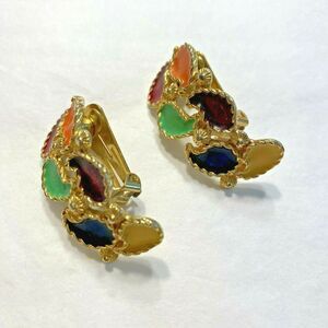 Vintage clip on earrings chunky gold tone with colorful enamel drops mod 1980’s